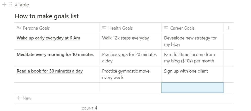 How to make a goal list using notion